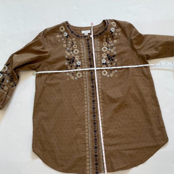 J. Jill Cotton Brown Embroidered Floral Swiss Dot Button Down Peasant Blouse S - Picture 12 of 14